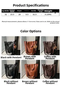 Size chart for high-capacity PU bucket bag with dimensions and retro color options