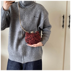 Detail of trendy leopard print cat-shaped crossbody bag with gold chain and jewelry clasp