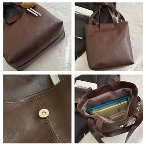 Detailed views of a brown faux leather tote bag with magnetic closure and inner storage