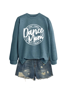 Detail of navy blue sweatshirt with Dance Mom print and distressed denim shorts set
