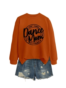 Detail of orange sweatshirt with I DON'T DANCE text print and side slit hem design