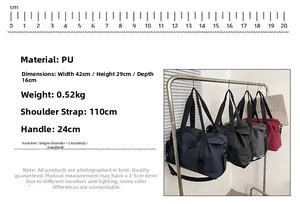 Size chart showing large PU leather travel bag dimensions 42x29x16cm and strap details