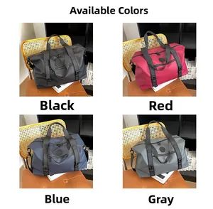 Detail view of large travel bags in black, red, blue, and grey durable nylon fabric