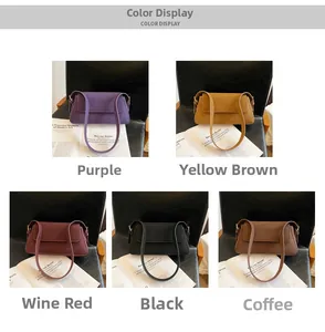 Detailed grid of faux leather baguette bags in purple, brown, wine red, black, and coffee