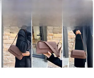 Three-way view of a brown minimalist baguette bag showing shoulder and hand-carry styles