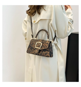 Close-up of leopard print handbag with gold hardware and trapezoid design on trench coat