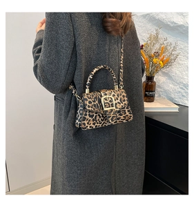 Detail of leopard print handbag with golden horseshoe buckle worn by a model