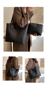 Detail of black PU leather tote bag set with oversized woven rope bell charm accessory