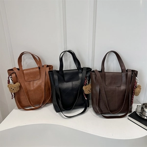 Minimalist large capacity faux leather tote bag set in caramel, black and brown colors