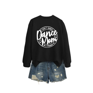 Women's casual black crewneck sweatshirt with I DON'T DANCE print and denim shorts set