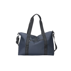 Large dark blue waterproof nylon travel bag with heavy-duty handles and side buckles