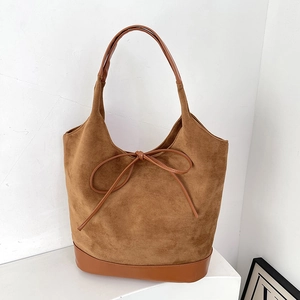 Large Capacity Faux Suede Tote Bag For Women Retro Bow Detail Shoulder Bag Commuting Patchwork PU Leather Handbag