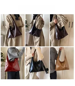 Detail shots of large glossy PU leather hobo bag in various colors for women
