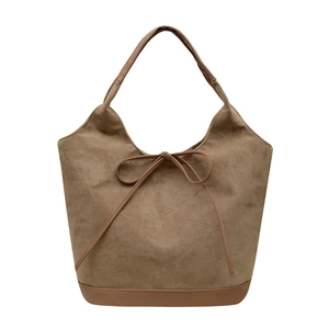 Autumn khaki brown suede tote bag with leather straps and front bow detail for women