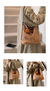 Detailed views of a large brown suede crescent tote bag with teddy bear accessory