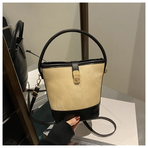 Close-up of contrast color bucket bag with gold metal twist lock and leather handles