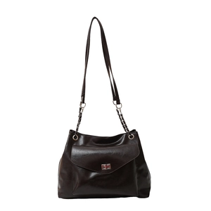 Dark brown leather shoulder bag with silver chain strap and twist lock for women