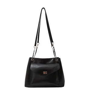 Minimalist black tote bag with twist lock closure and metal chain shoulder strap