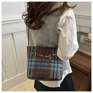 Detailed view of women's checkered bucket bag with leather strap and golden buckle