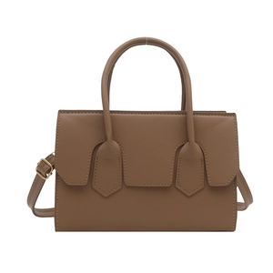 Classic brown rectangular PU leather crossbody bag with shield-shaped handle patches