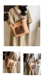 Detail of vertical striped brown tote bag with contrast pocket and metallic buckle