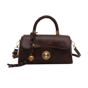 Vintage dark brown oily PU leather handbag with gold twist lock and woven handle detail