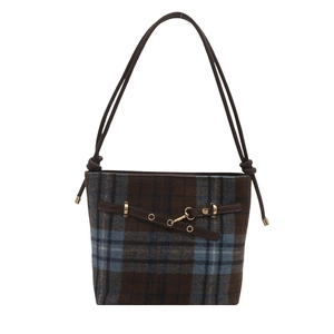 Classic checkered wool bucket bag with brown leather straps and vintage metallic accents