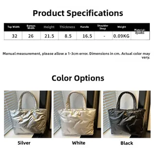 Detailed size chart and dimensions for the quilted puffer tote bag in silver, white, and black
