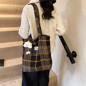 Retro plaid canvas tote bag with large capacity and cute plush cloud charm for women