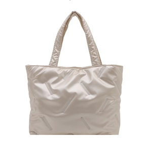 Quilted metallic tote bag with large capacity and padded nylon texture in beige
