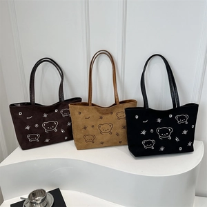 Three Japanese-style canvas tote bags with cute cartoon bear embroidery in different colors