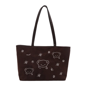Japanese style dark brown tote bag with cute cartoon bear embroidery and black straps