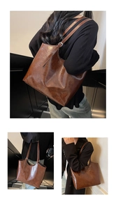 Three-way view of a brown retro oil-wax leather large tote bag with silver hardware detail