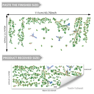 Floral vine with birds static window cling set, DIY self-adhesive sticker for home decor