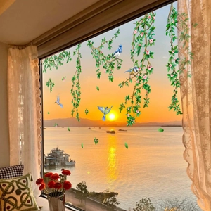 Green vine plant and colorful birds static window clings for living room glass decoration