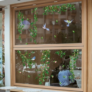 Green vine and bird static window decals for living room glass decoration