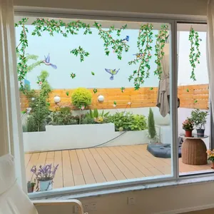 Green vine and hummingbird static window film for living room glass decor