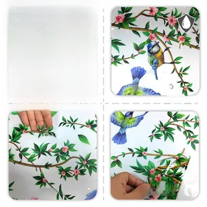Detail showing waterproof floral and bird window stickers with front and back views