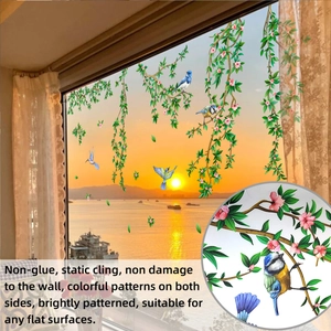 Detail of static cling window film showing double-sided floral and bird pattern on glass