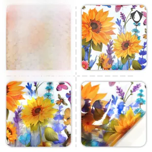 Detail of waterproof window sticker showing sunflower and butterfly designs with back peel