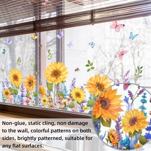 Detail showing adhesive-free static cling sunflower and animal window decals in a kitchen