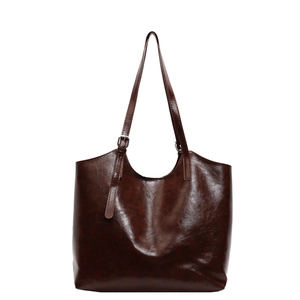 Retro deep brown glossy tote bag with adjustable shoulder straps and large capacity