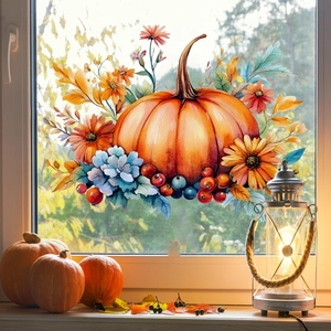 Autumn watercolor pumpkin window decal with colorful fall leaves and floral decor
