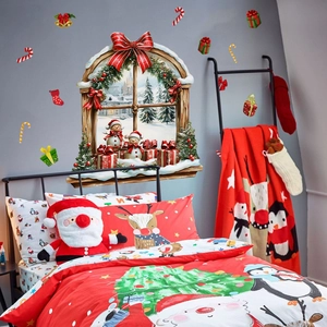 Christmas snowman faux window wall stickers with festive red bows and gift box decorations
