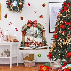 3D Christmas snowman window wall sticker with festive town scene and gift box decals