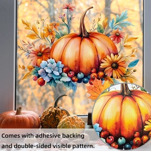 Detail of watercolor pumpkin window sticker with autumn flowers and double-sided design