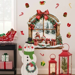 Christmas Window Wall Stickers Snowman Winter Snow Scene PVC Waterproof Self Adhesive Holiday Home Living Room Decor