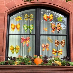 Autumn bow and maple leaf static window clings for warm seasonal home decoration