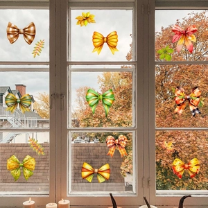 Autumn bow window clings featuring fall plaid and leaf patterns for home glass decoration