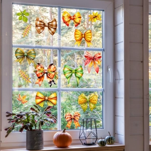 Autumn bow and maple leaf static window clings for cozy seasonal home glass decoration